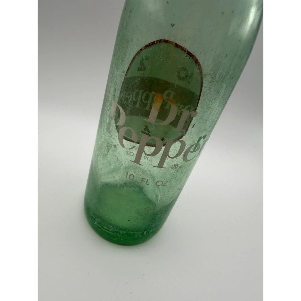 Vintage Dr Pepper Green Glass Collectible Soda Bottle with Red Logo